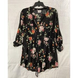 Sirenlily Dress Womens 1X Black‎ Floral Chiffon Sheer 3/4 Roll Tab Maternity